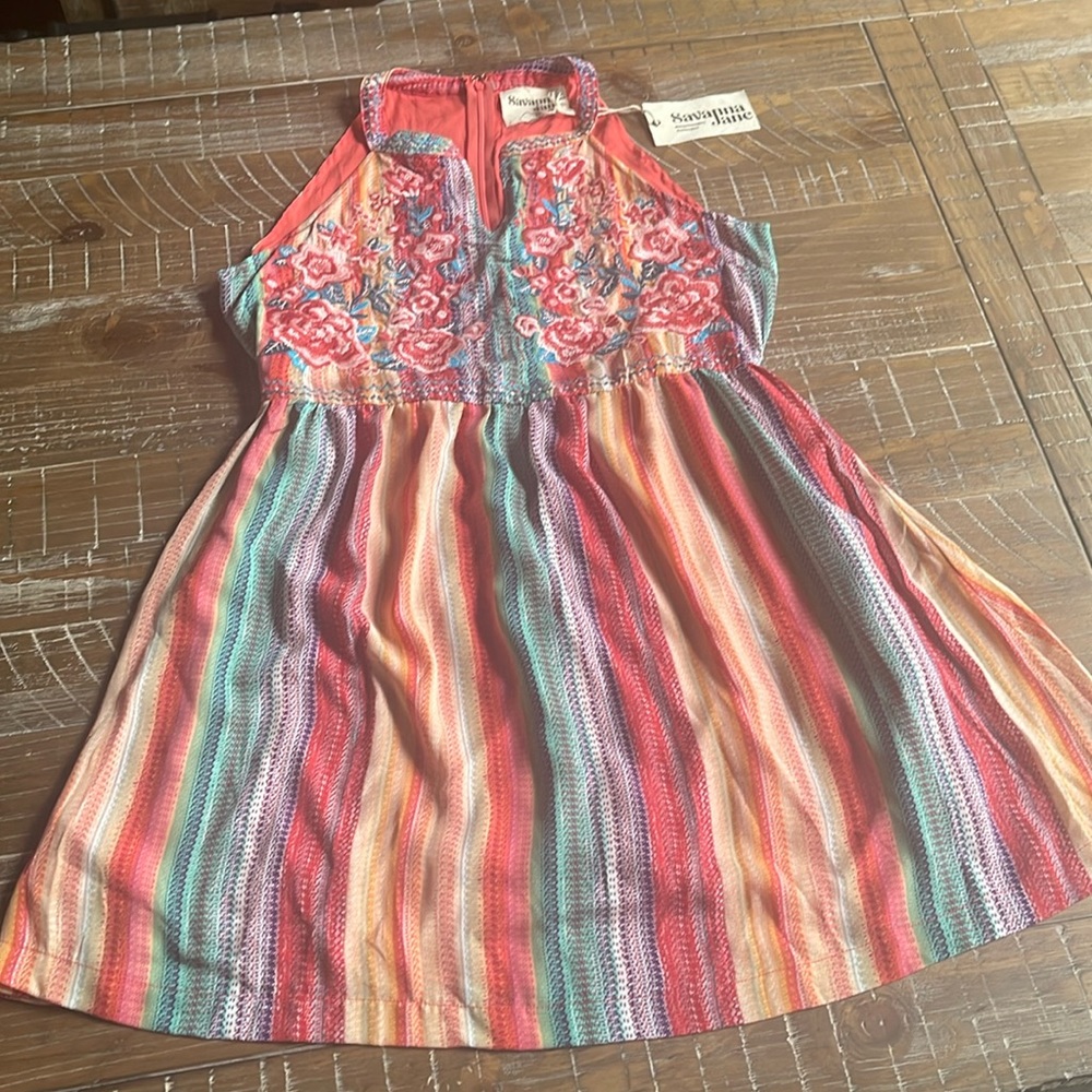 Savanna Jane Coral & Teal Striped Embroidered Halter Mini Dress